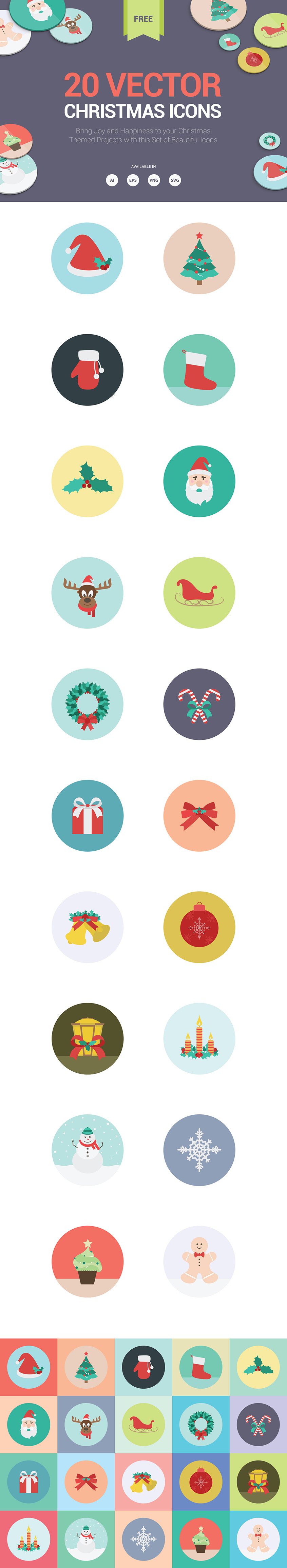 20 high quality chirstmas icons in ai, eps, svg and png file formats.