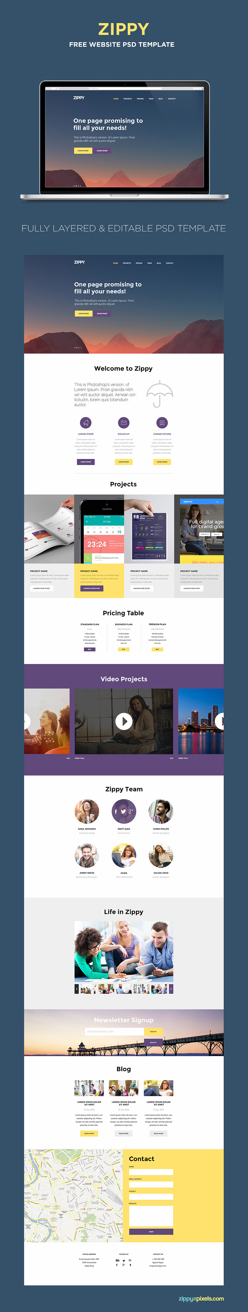 Create or present amazing one page website designs with this free PSD template.