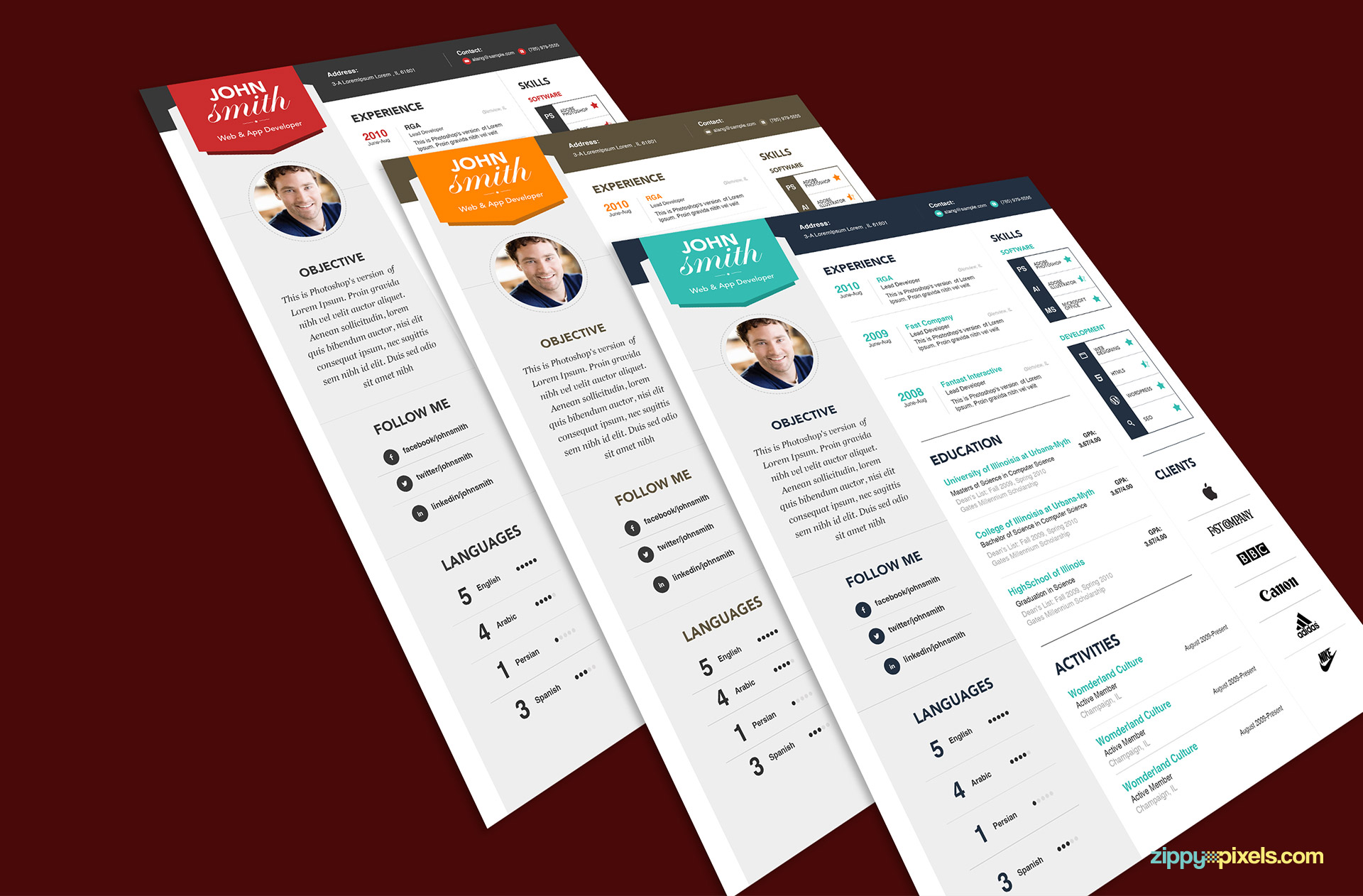 Modern Resume Template Set in 3 Color Versions