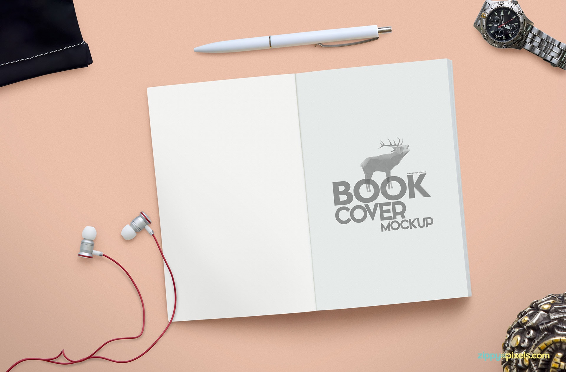 Open book psd mockup for title cover with ear phones, wristwatch, ball pen, pouch & jewelry box