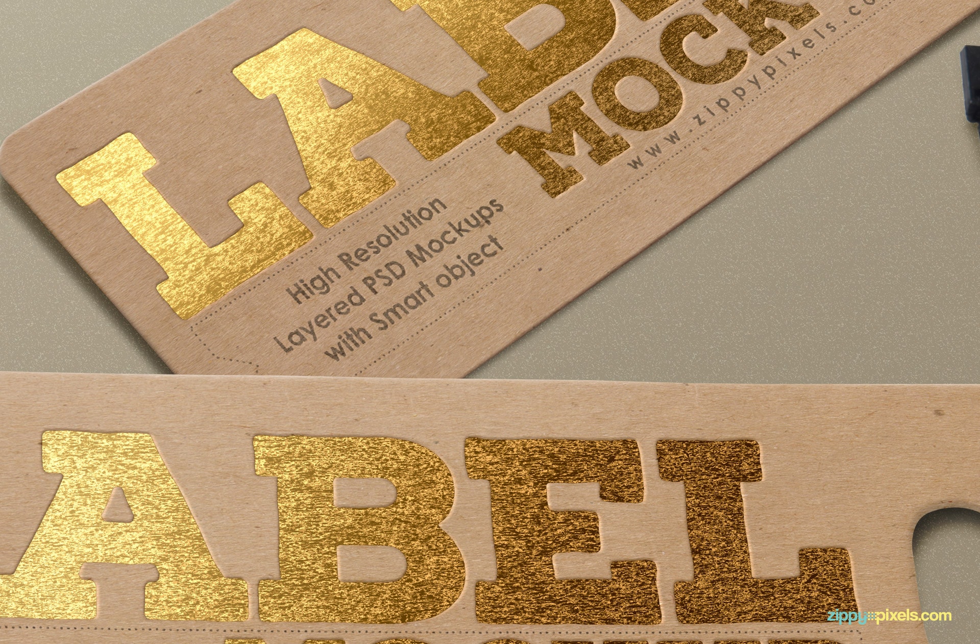 Close-up of a tag mockup with printed foiling effect.