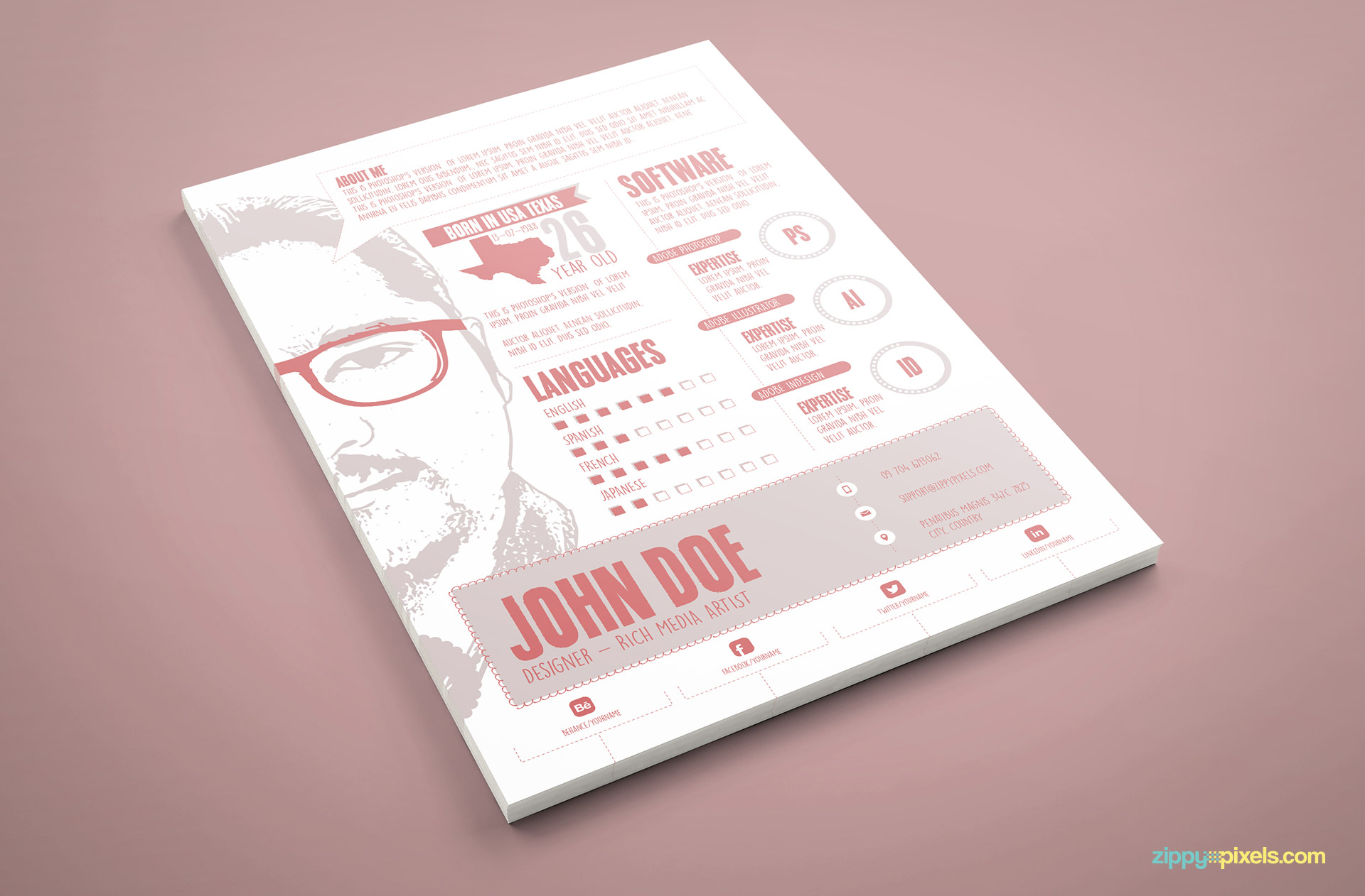 Designer Resume PSD Template in Pink Colore