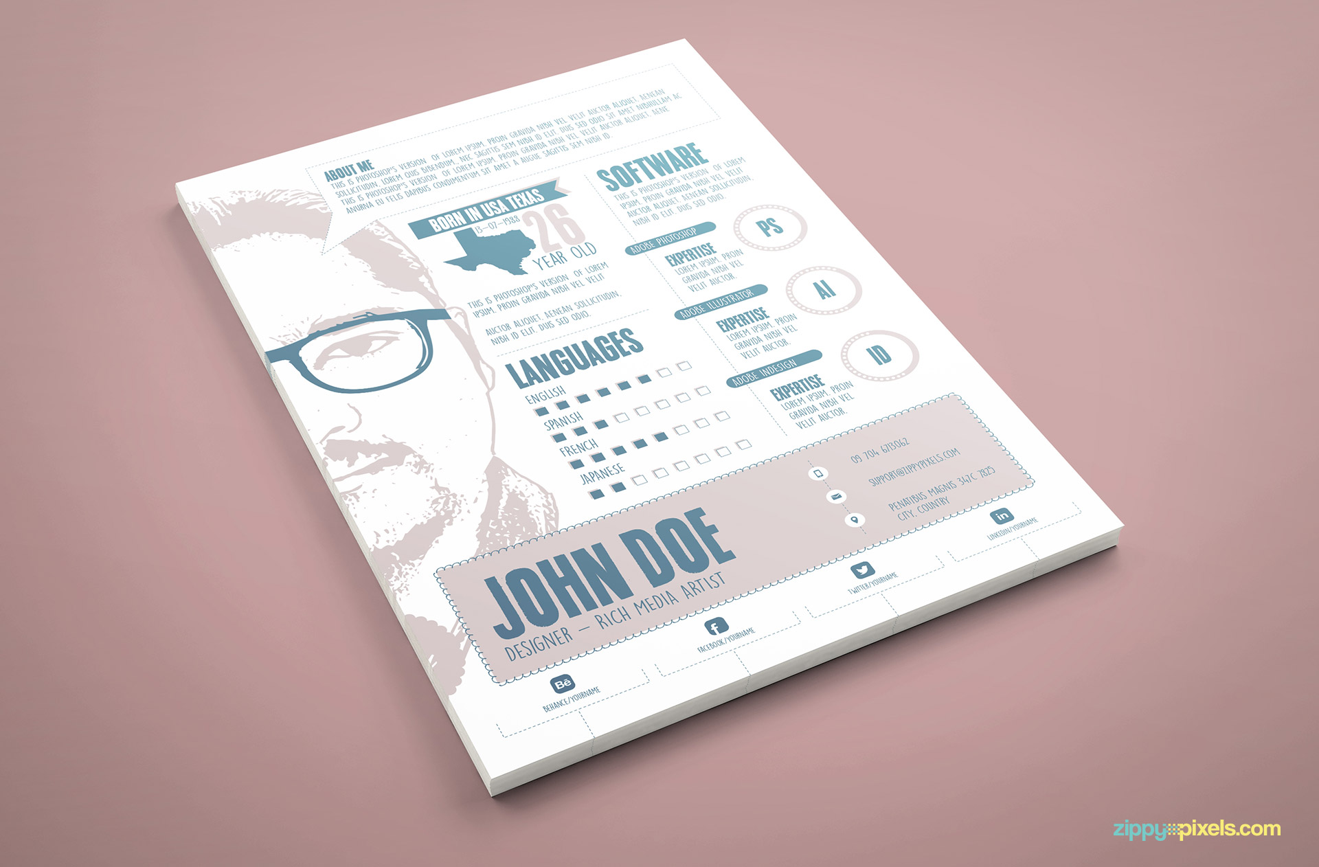 Designer Resume PSD Template in Blue Color