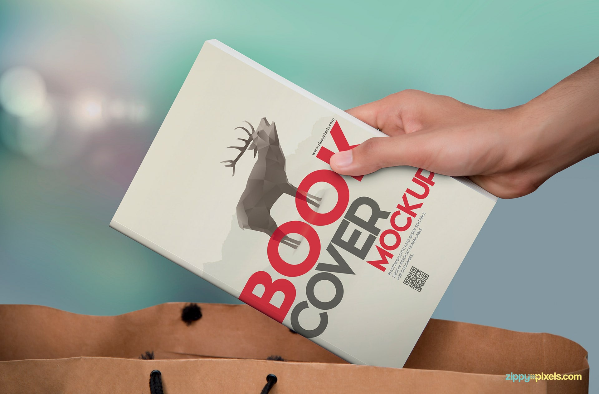 Photorealistic paperback mockup showing book being put in shopping bag