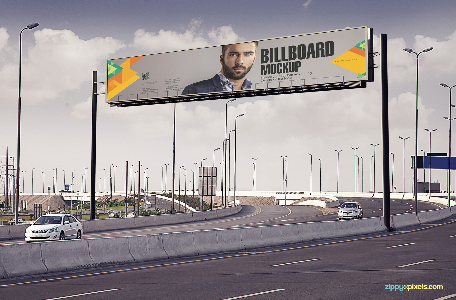 Realistic Billboard Mockup - Amazing view of the highway with the billboard on the top at day time