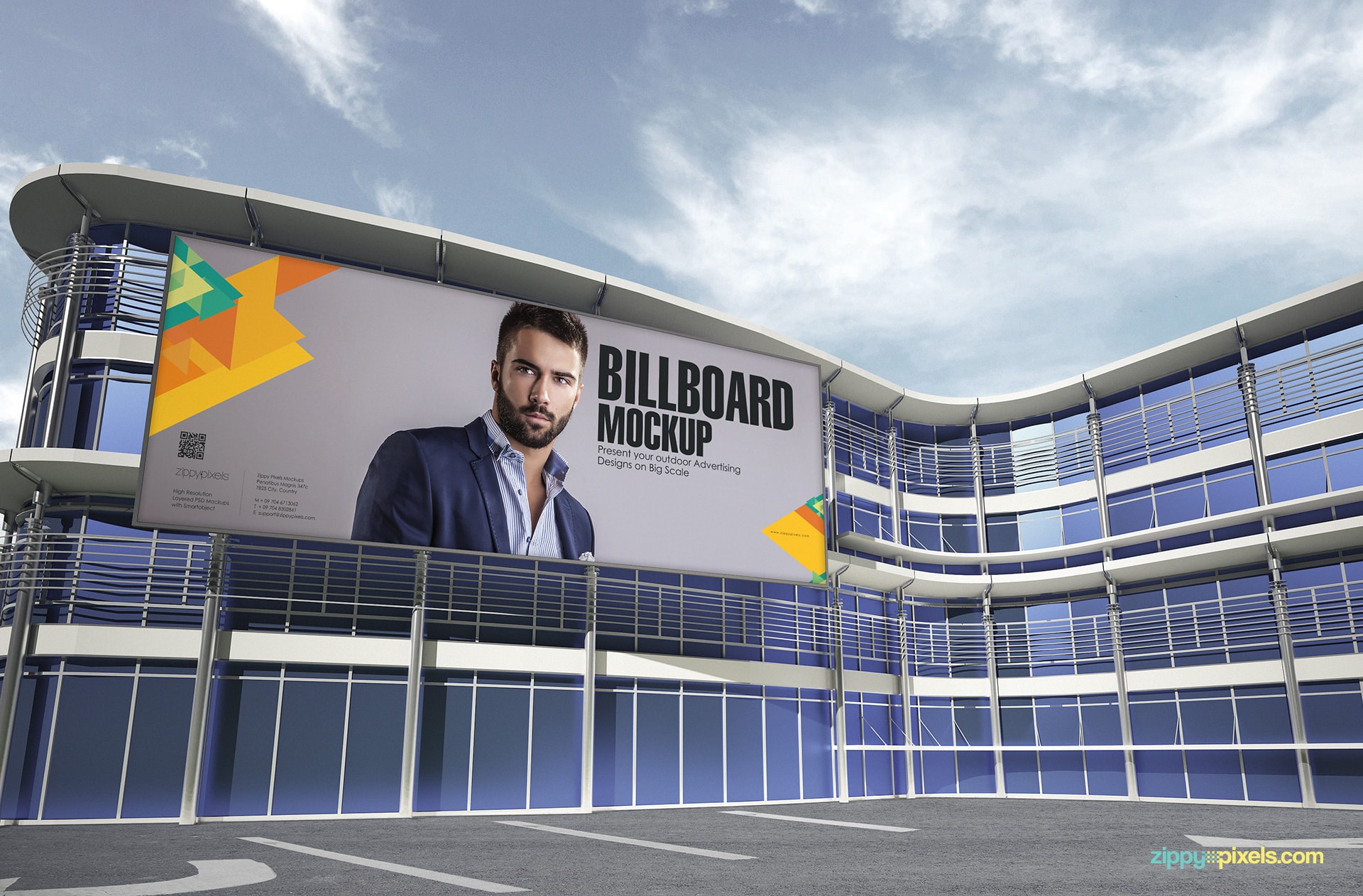 Outdoor Advertising Mockup - Billboard on the glass building at day time