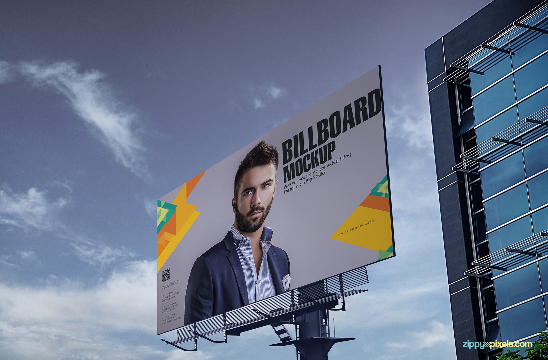 Photorealistic outdoor mockup showing a super large billboard with beautiful blue sky in background