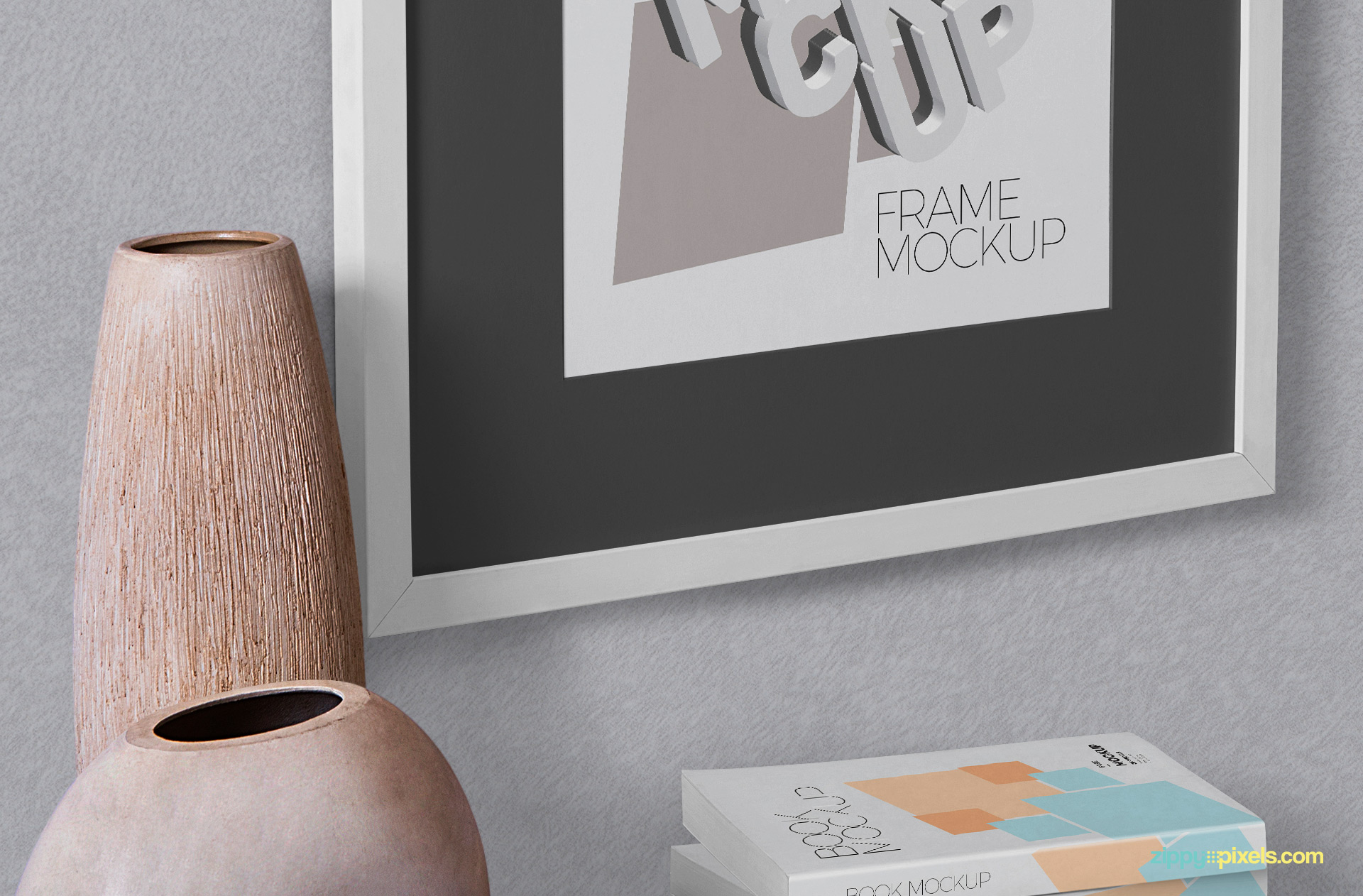 Customizable books mockup and vase.