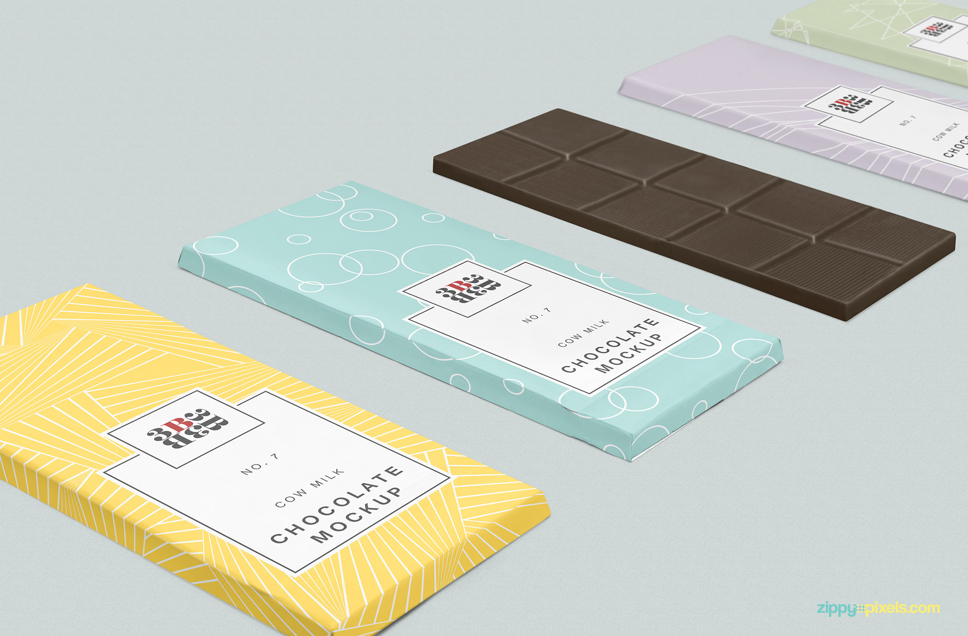 Chocolate mockup offers arrangement of 4 packaging and a chocolate bar.