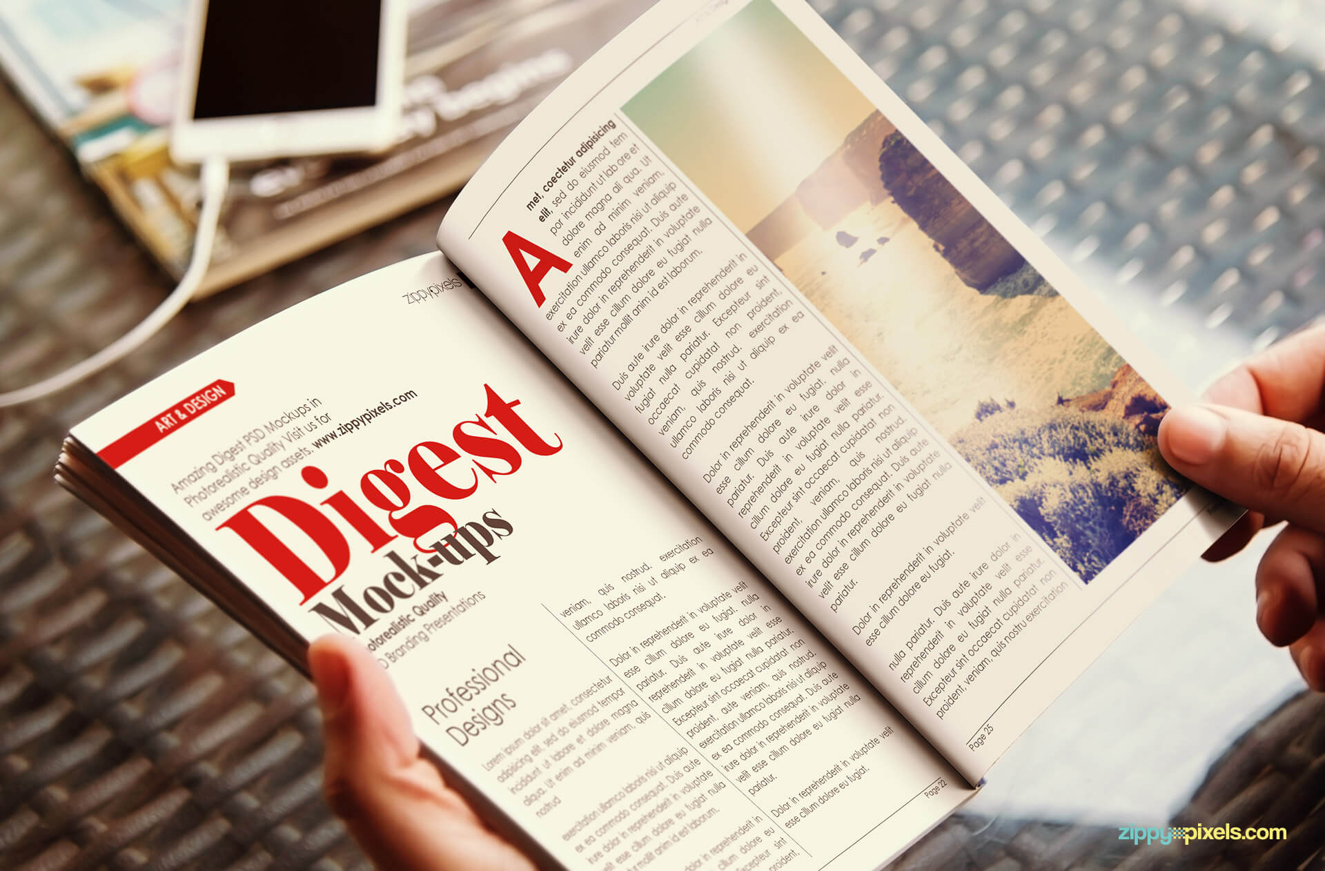 mockup depicting person reading open paperback digest showing inner pages