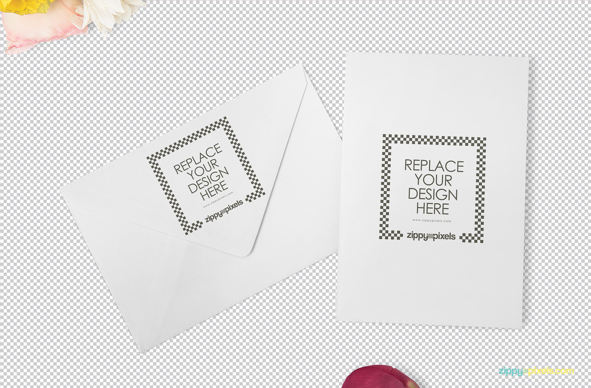 Customizable card and envelope showing replaceable design option.