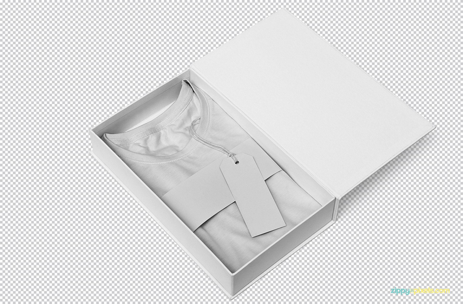 Apparel box mockup with t-shirt, label tag and sleeve.