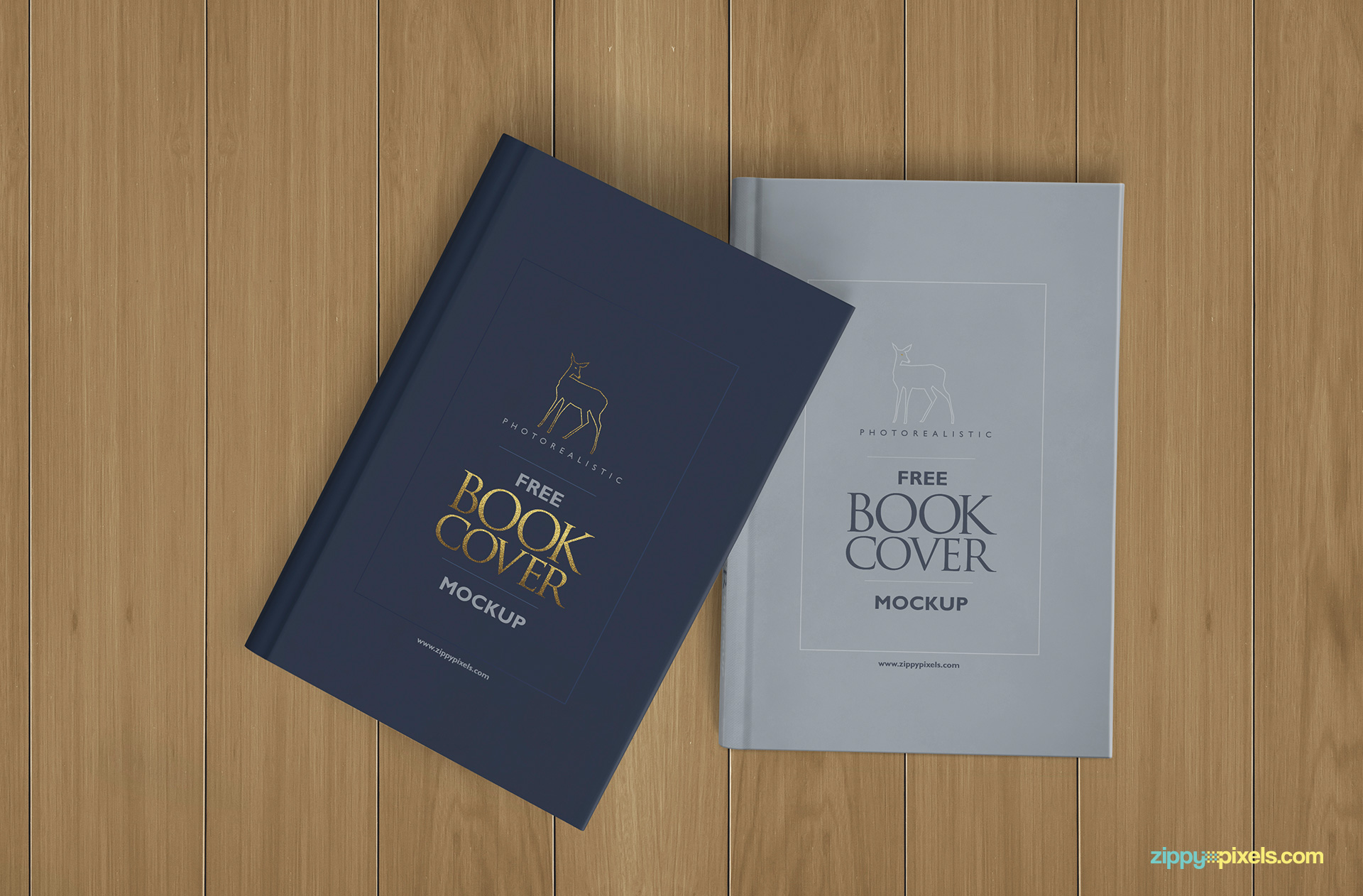 Free hardcover book mockup with wooden background.