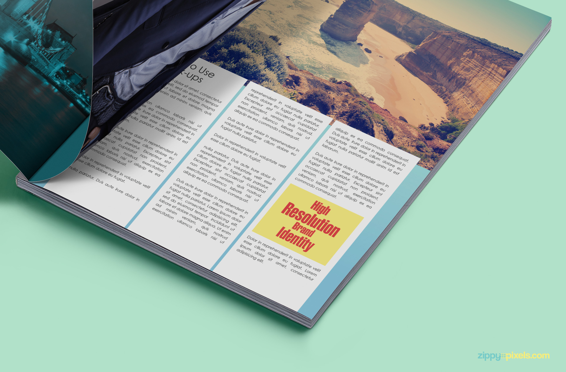 Free PSD mockup showing 3 inner magazine pages