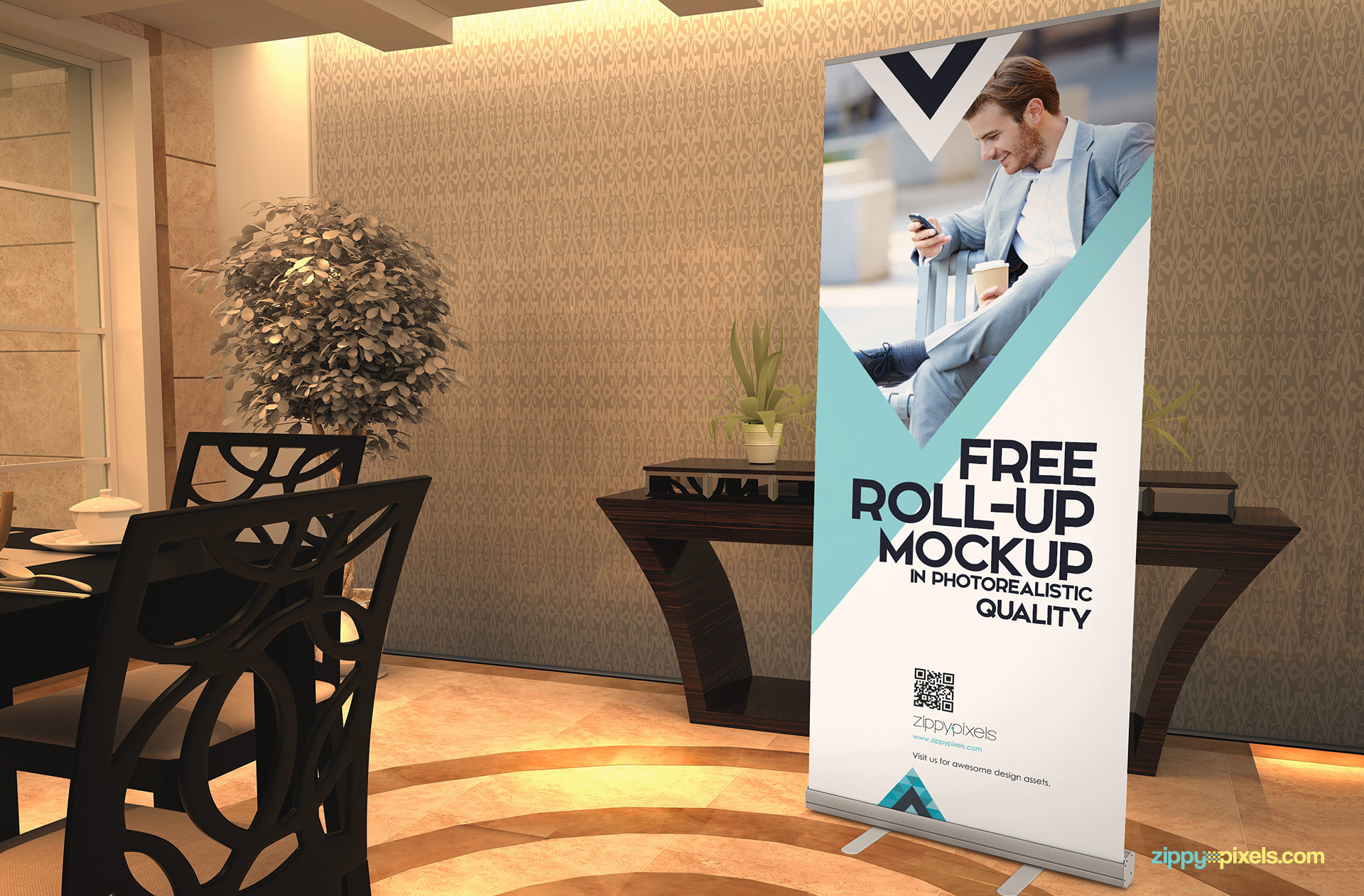 Free roll up banner mockup with the restaurant scene.