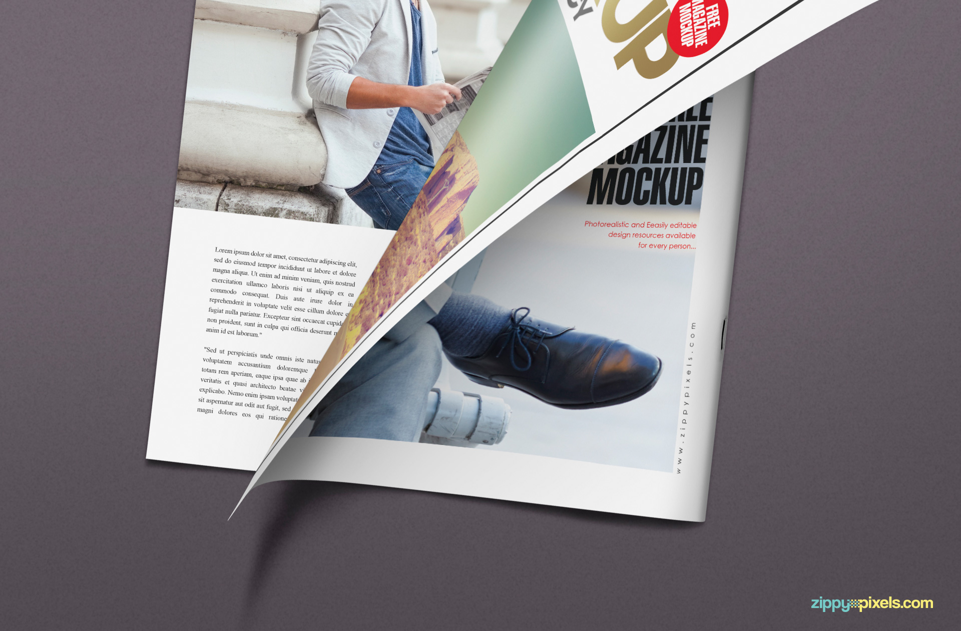 Half turned the page of the magazine mockup PSD free.