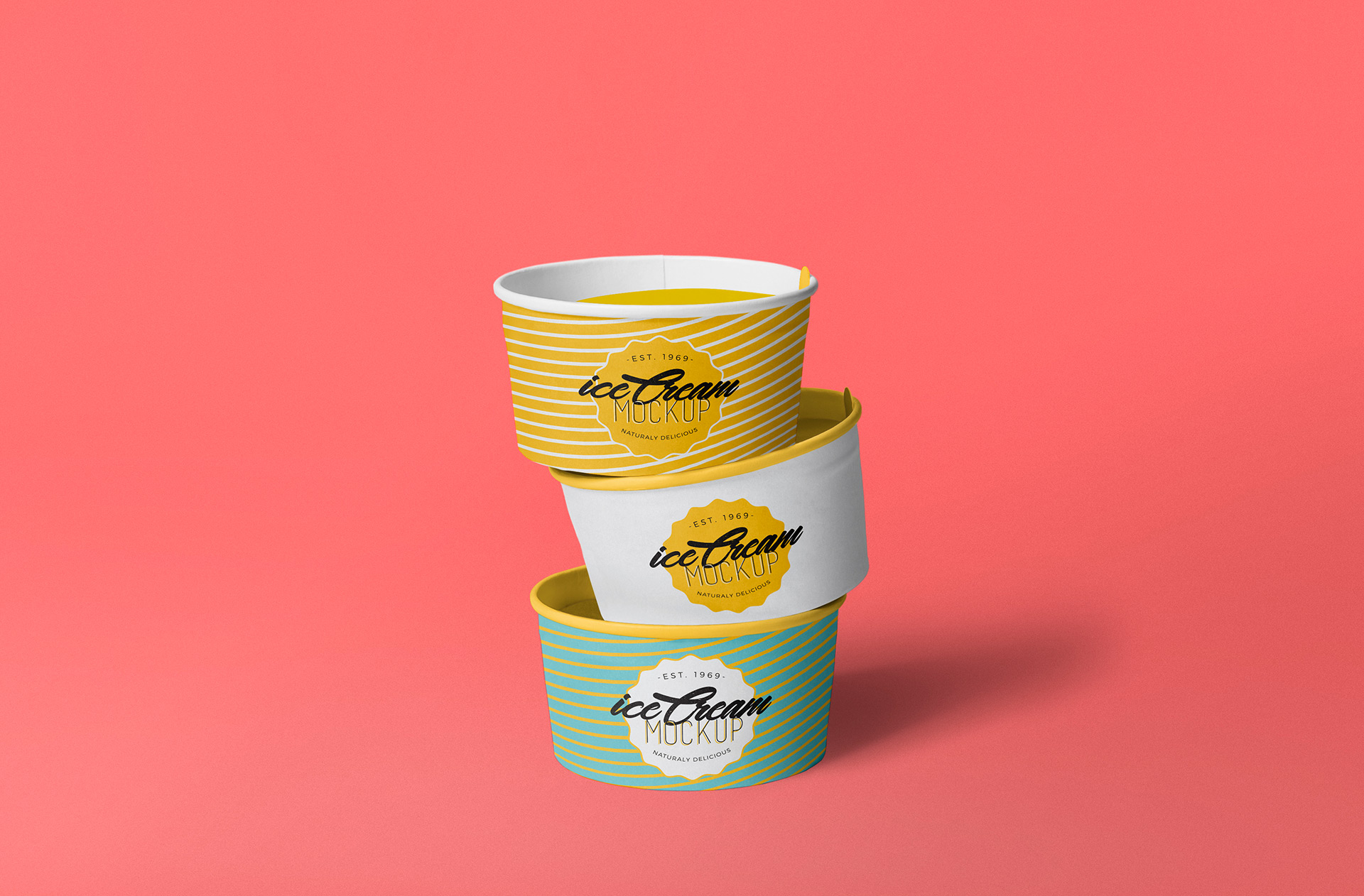 Three ice cream cups placed on one another.