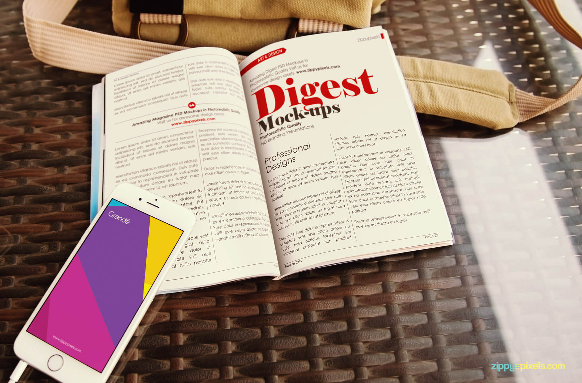 iPhone & opened digest magazine mockup showing iPhone & digest lying on table