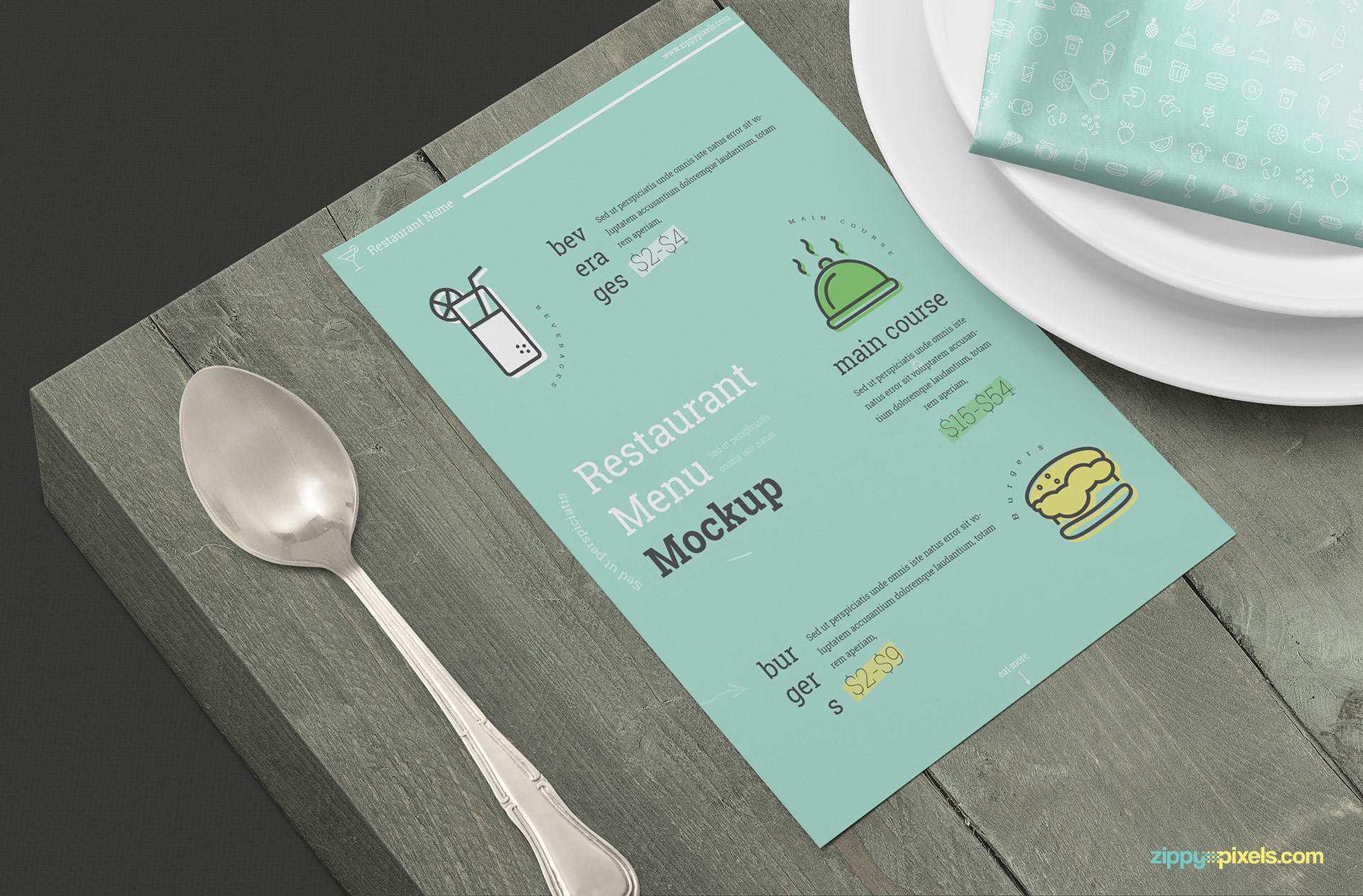 Menu mockup scene with a wooden background.