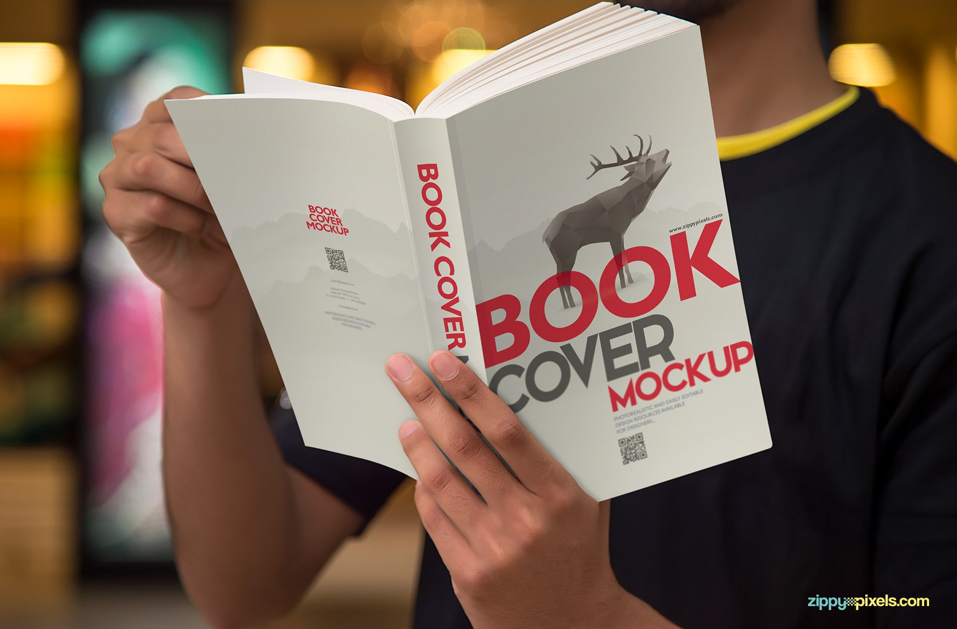 PSD book mockups showing a person reading a softcover book