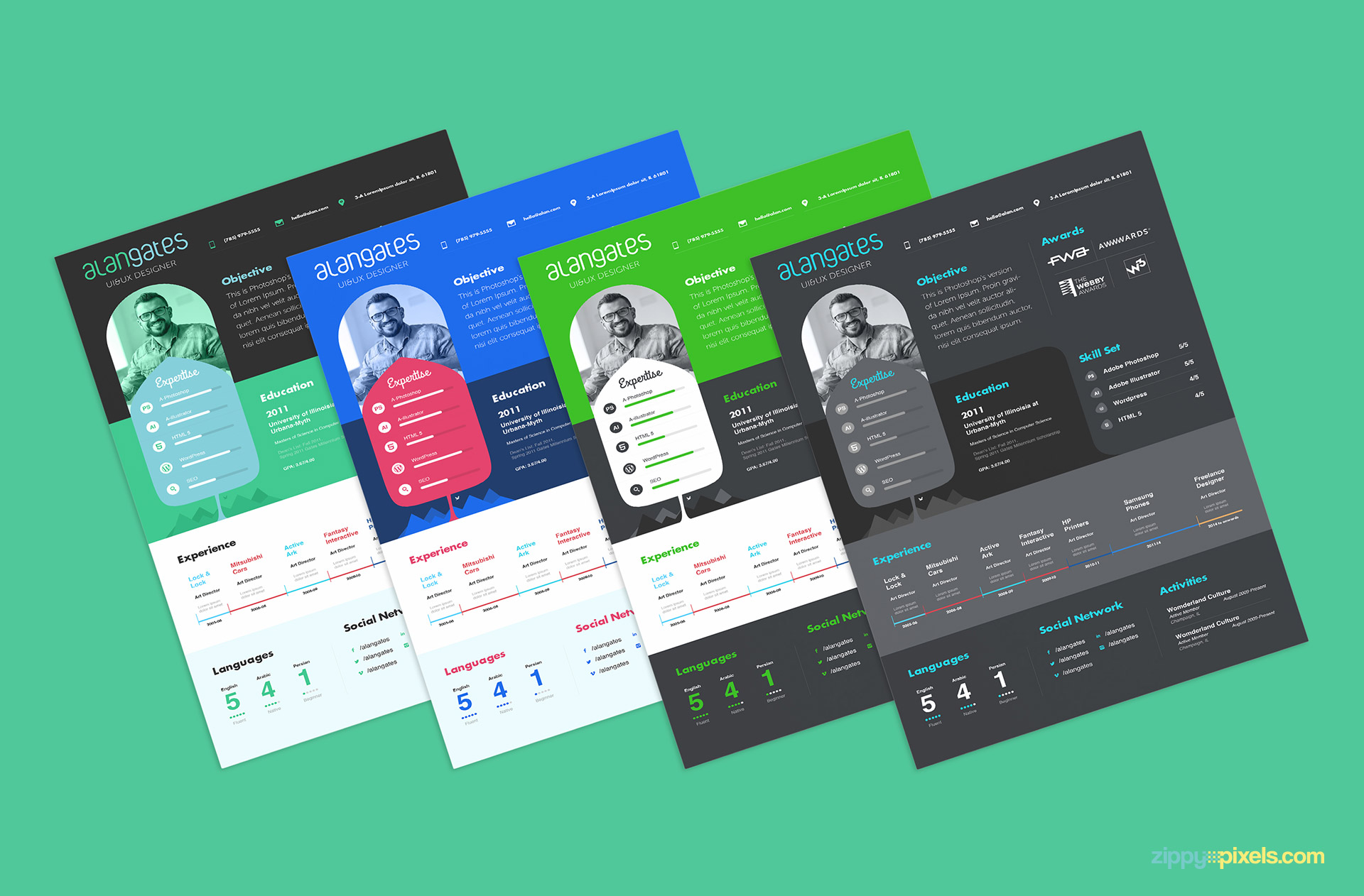 4 Beauitul Colors of Modern Resume PSD Template