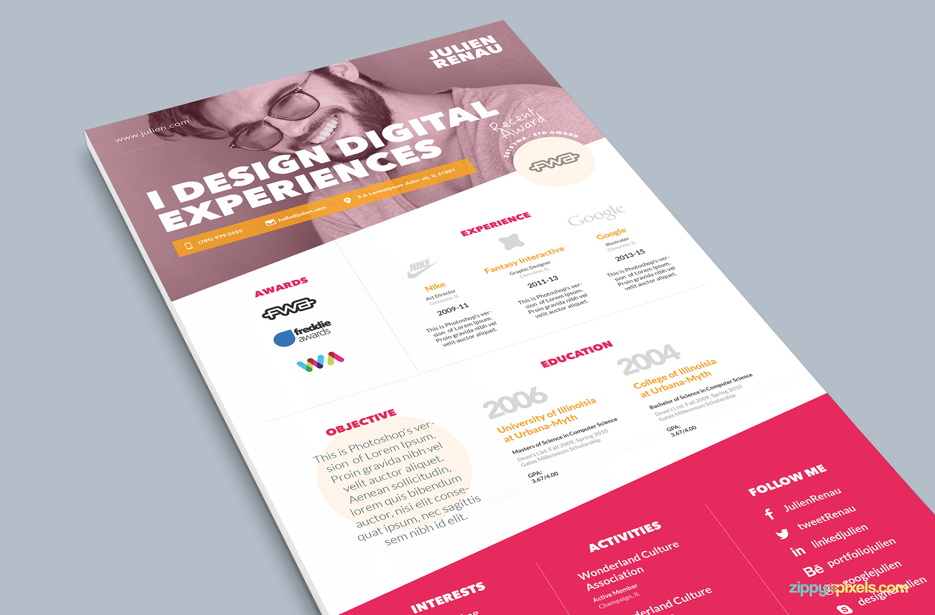 Pink One Page Resume PSD Template