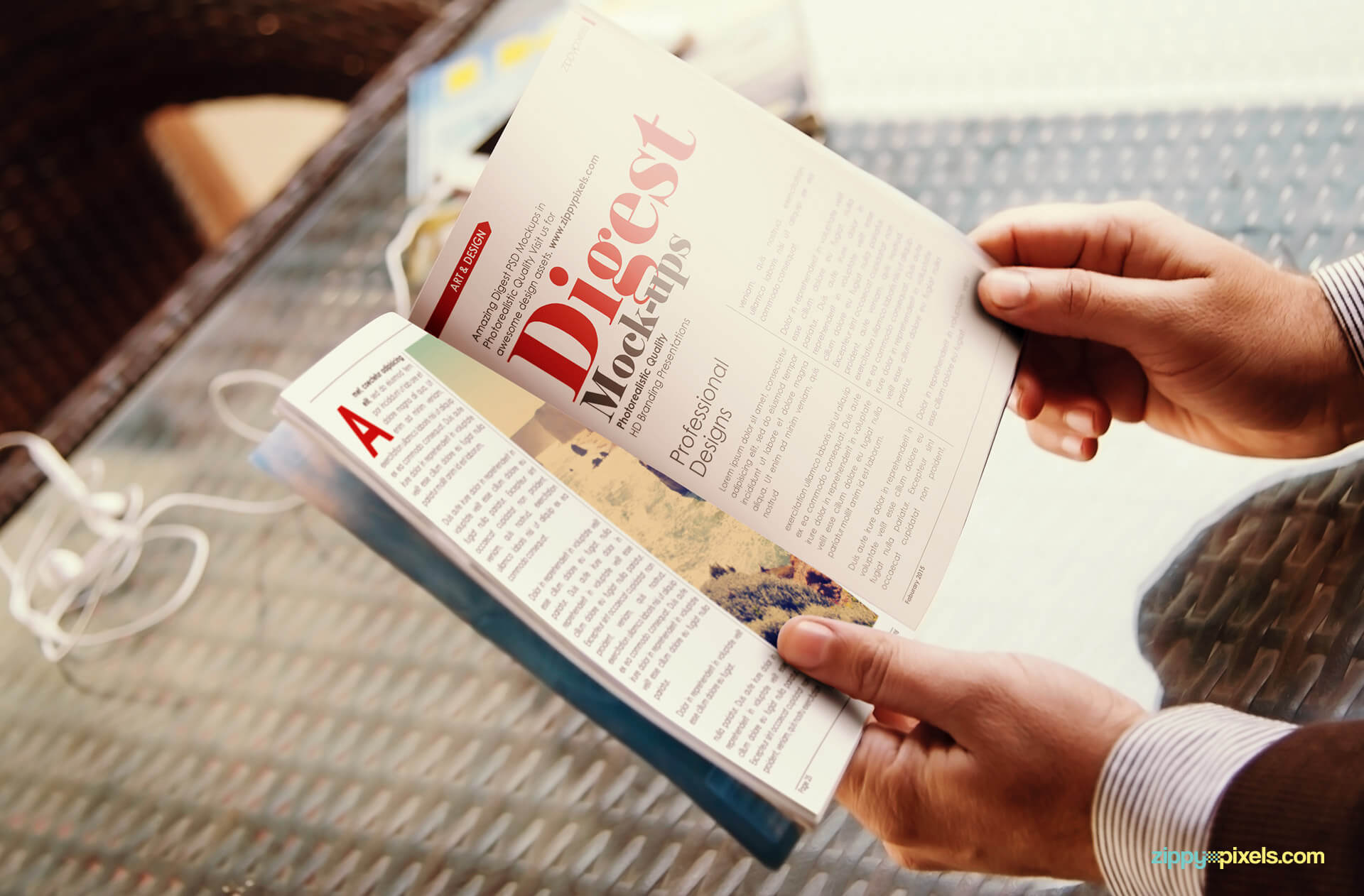 Sideview paperback digest mockup depicting the book being read by someone