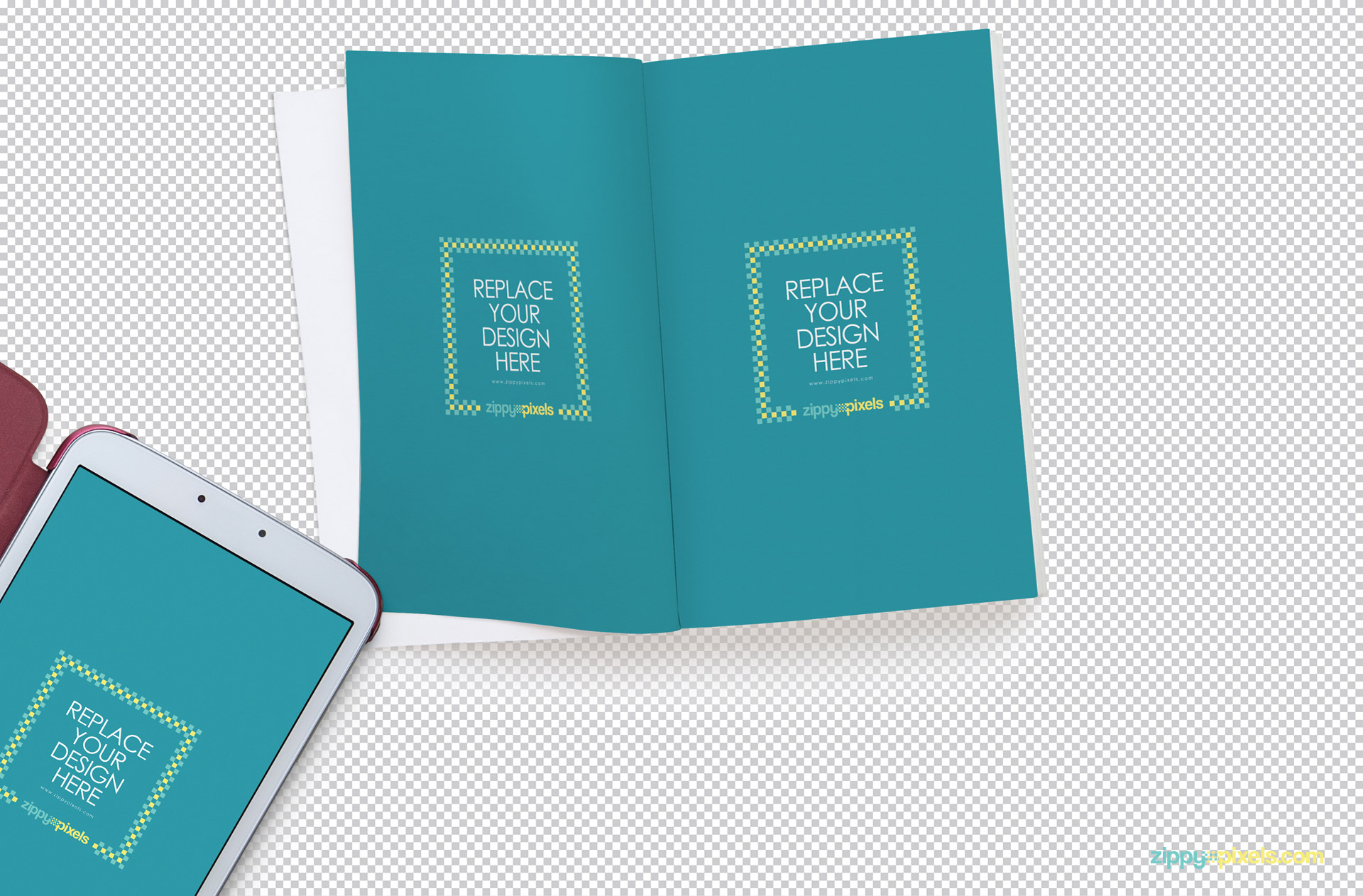 You can use Adobe Photoshop to insert your designs in this open book mockup PSD.