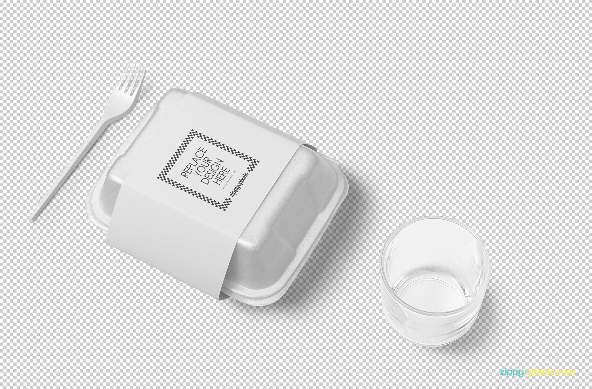 Plain white food box mockup with greyscale background.