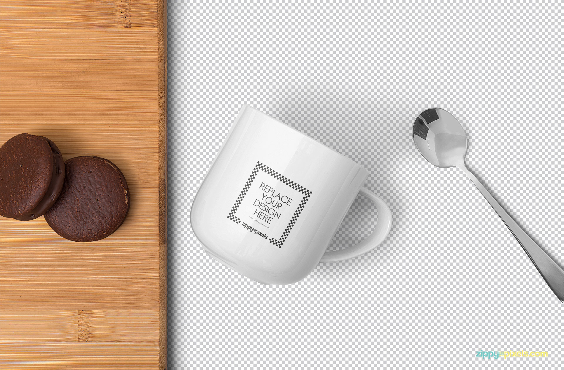 White mug mockup showing replaceable design option.