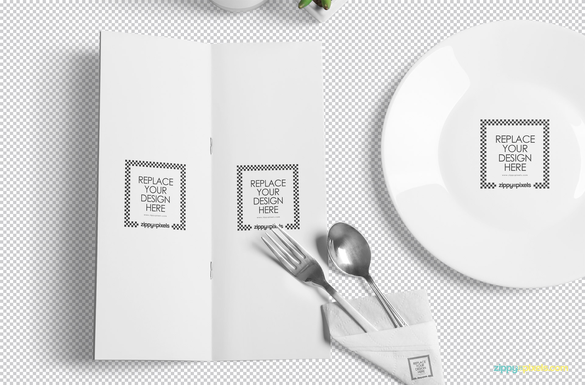 Use smart object option to replace the design of the menu mockup scene.