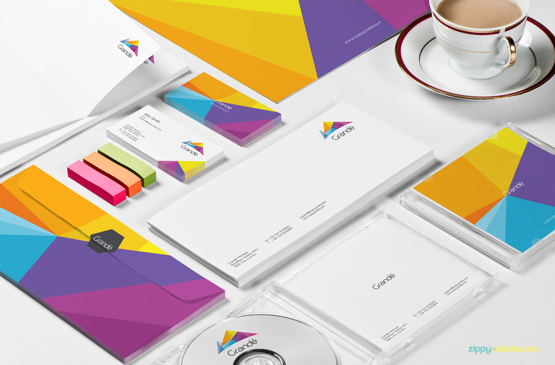 Stationery Branding Mockup - Closeup of Letterhead, Envelope, CD Cover