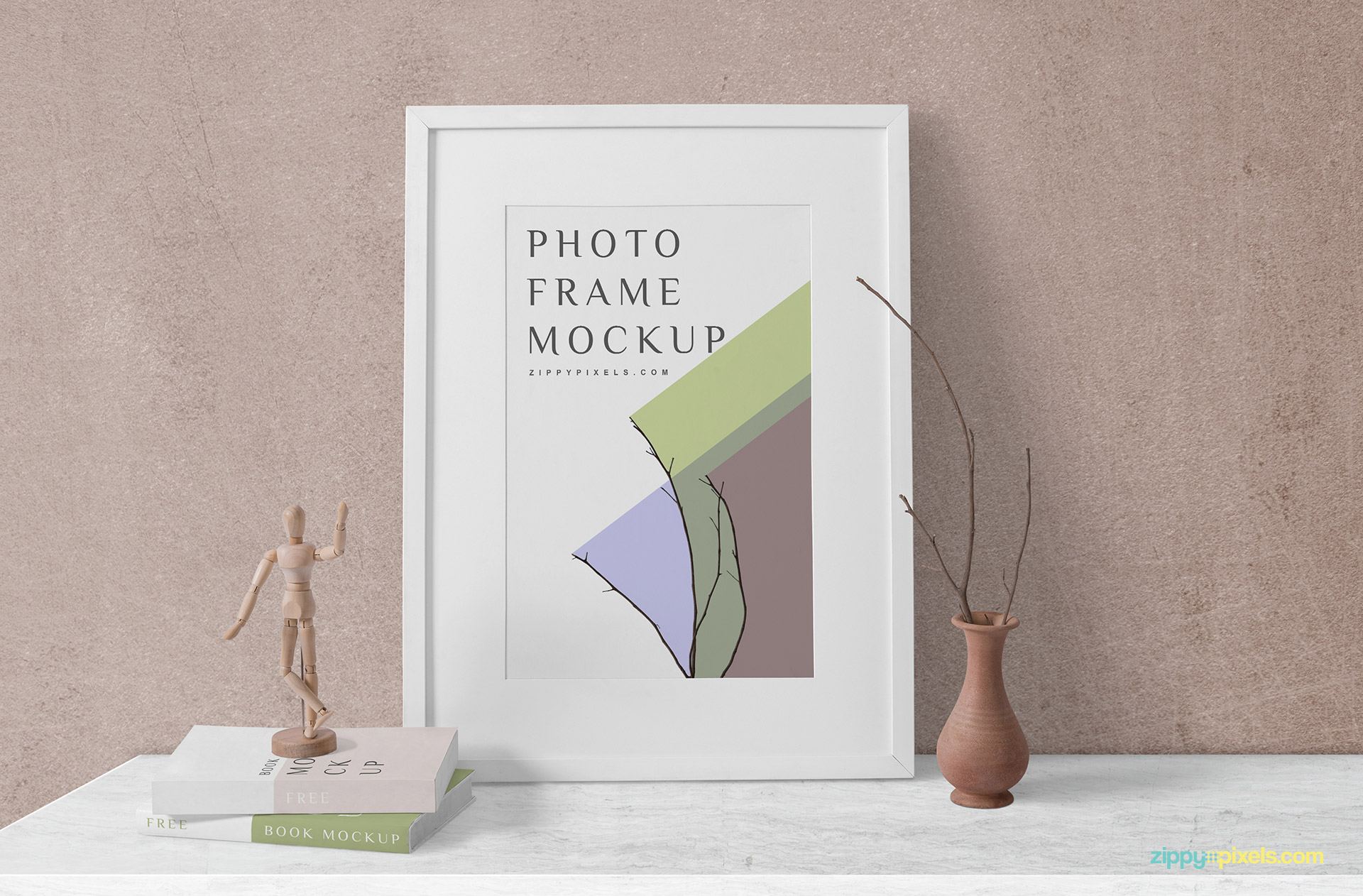 Wooden frame and book mockup for your design’s presentation.