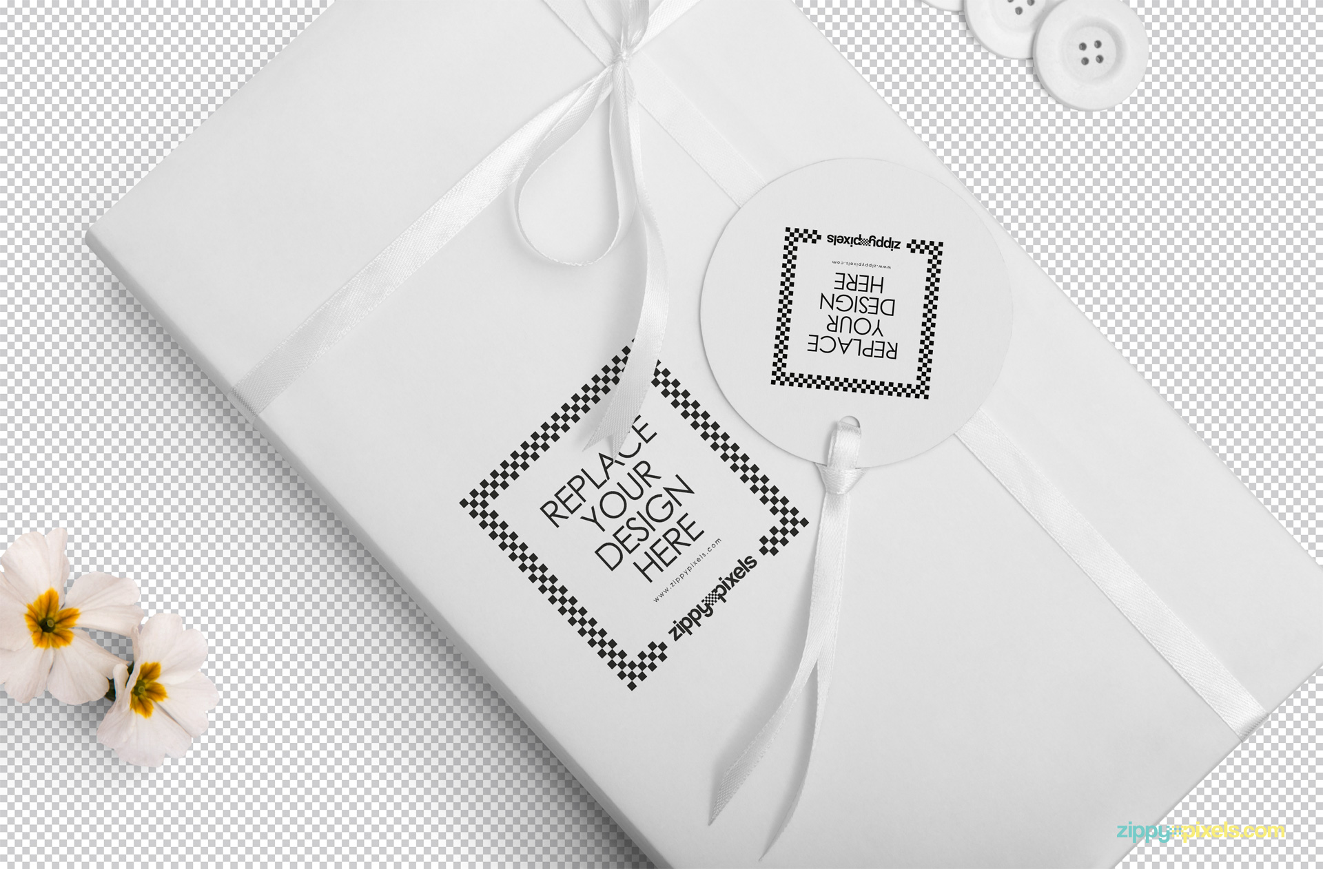 Use Photoshop to add your designs on this wrapping paper and tag mockup.