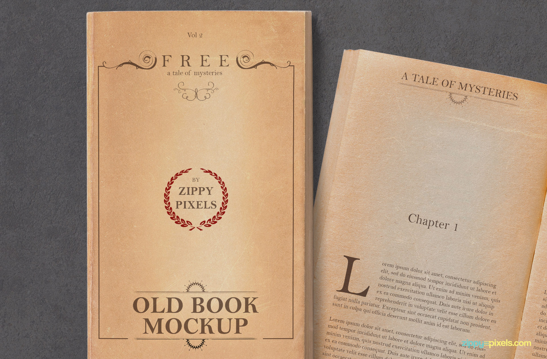 Realistic yellowed book cover mockup.