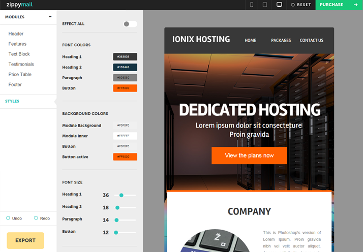 ionixhosting email template for hosting plans and packages